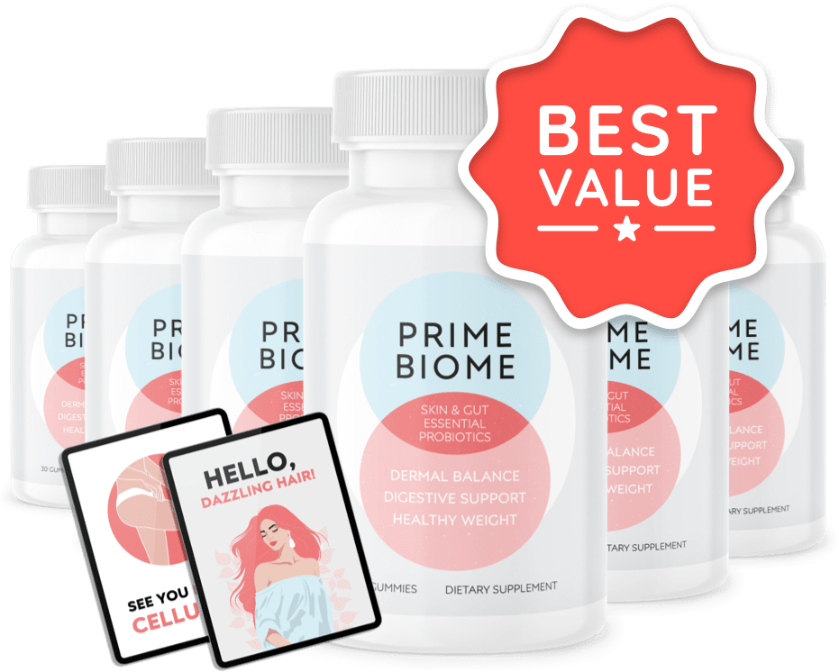 PrimeBiome six bottles with bonus and banner